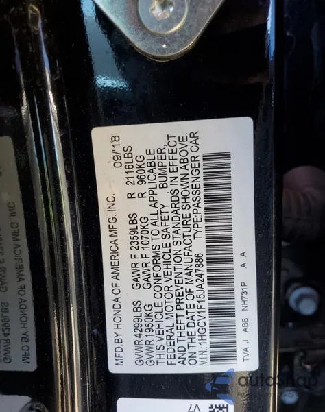 2018 Honda Accord Lx из США, поврежденный, VIN 1HGCV1F15JA247886